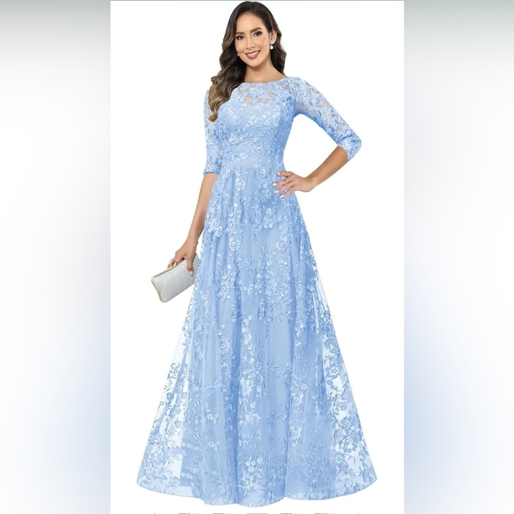 Elegant Blue Lace Evening Gown